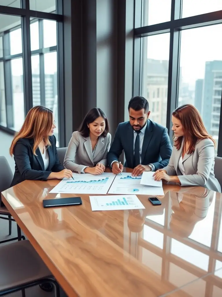 A team of consultants collaborating on a company analysis report in a bright, modern office, emphasizing teamwork and expertise.